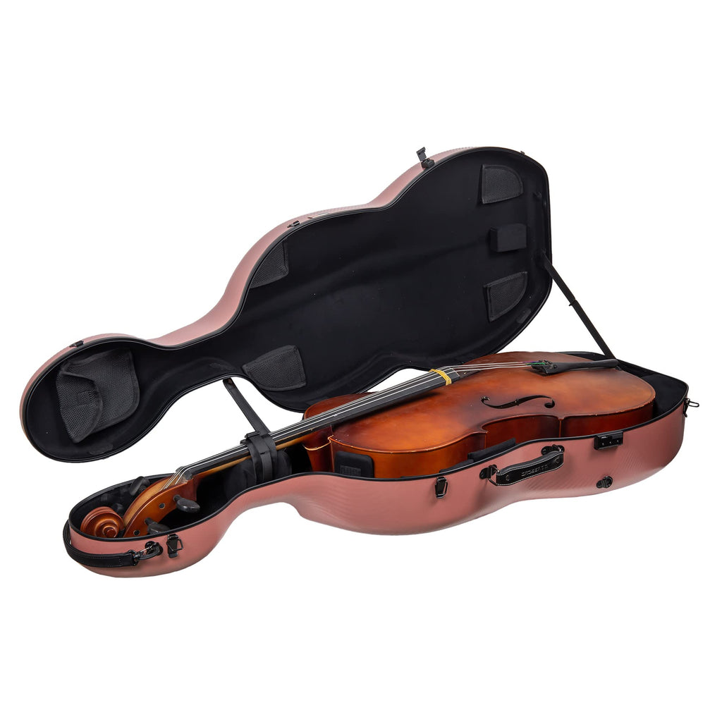 Crossrock Poly Carbon Cello Case for 4/4 Full-Size | Matte Rose Gold Finish, Black Velvet Interior, Wheels & Bow Storage – Durable Lightweight Hardshell