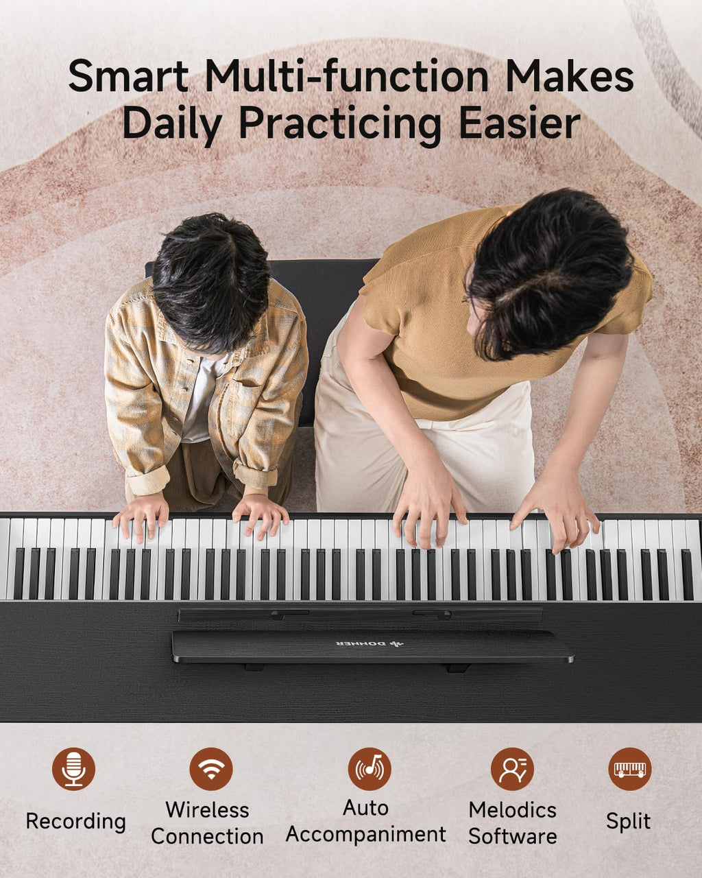 Donner DDP-200 Pro Digital Piano with 88 Key Graded Weighted Keyboard, Wireless Piano with 2.4" IPS Screen Record, 256 Polyphony, Full Size Piano Keyboard Gifts for Beginner Advanced, Wood Graina
