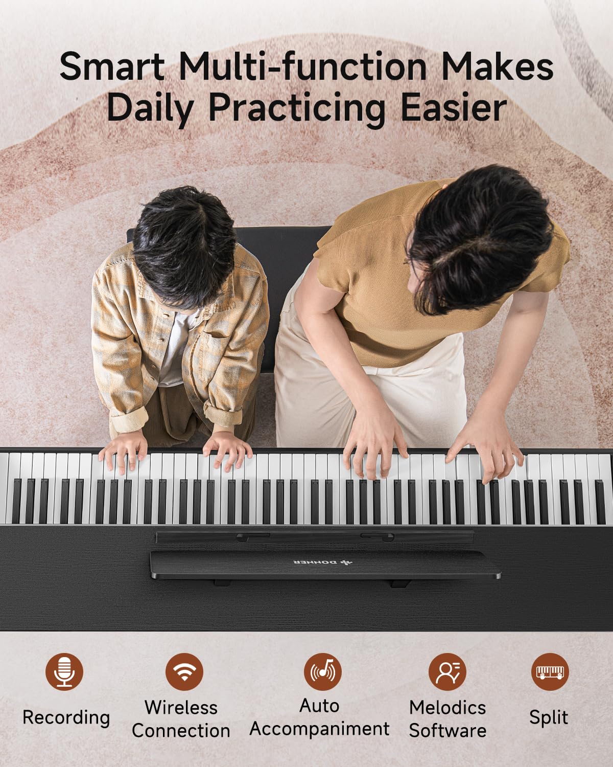 Donner DDP-200 Pro Digital Piano with 88 Key Graded Weighted Keyboard, Wireless Piano with 2.4" IPS Screen Record, 256 Polyphony, Full Size Piano Keyboard Gifts for Beginner Advanced, Wood Graina
