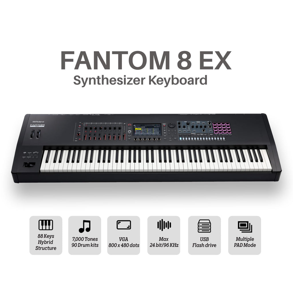 Roland Fantom 8 EX 88-Key Workstation Keyboard Synthesizer Bundle with Adjustable Stand, Sustain Pedal, Online Piano Lessons, Instructional DVD, and Austin Bazaar Polishing Cloth