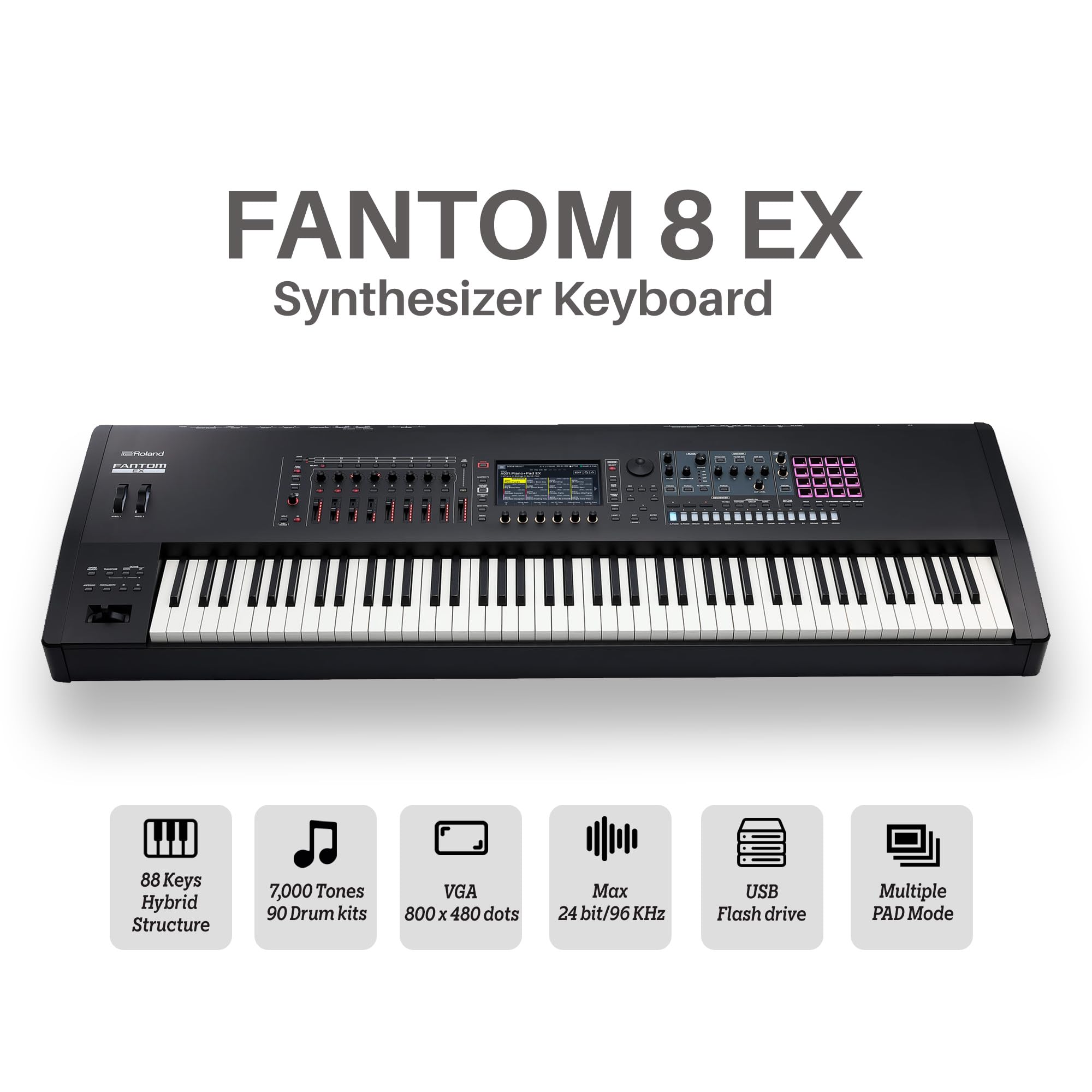 Roland Fantom 8 EX 88-Key Workstation Keyboard Synthesizer Bundle with Adjustable Stand, Sustain Pedal, Online Piano Lessons, Instructional DVD, and Austin Bazaar Polishing Cloth