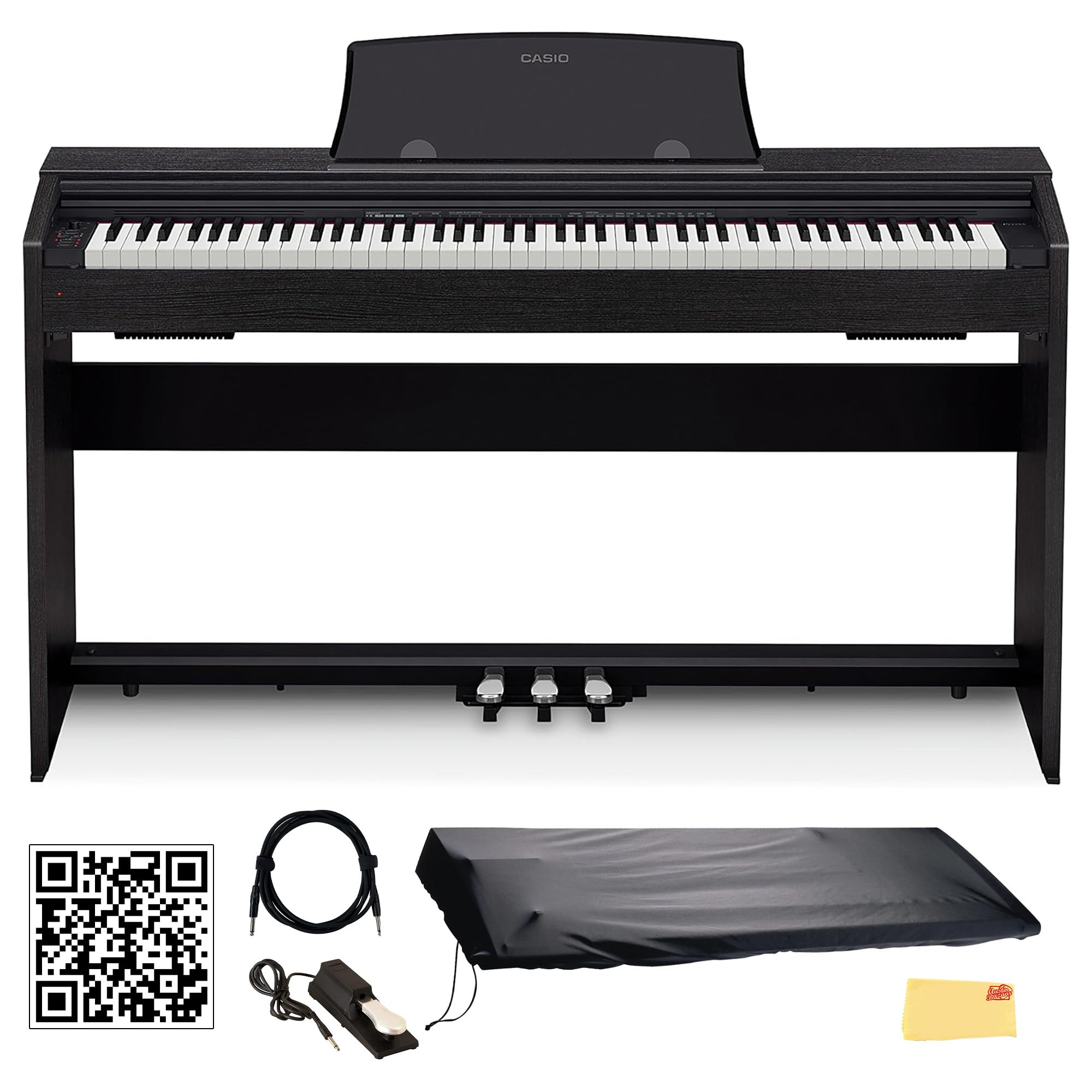 Casio PX-770 Privia Digital Piano - Black Bundle with Furniture Bench, Headphones, Instructional Book, Online Lessons, Instructional DVD, and Austin Bazaar Polishing Cloth