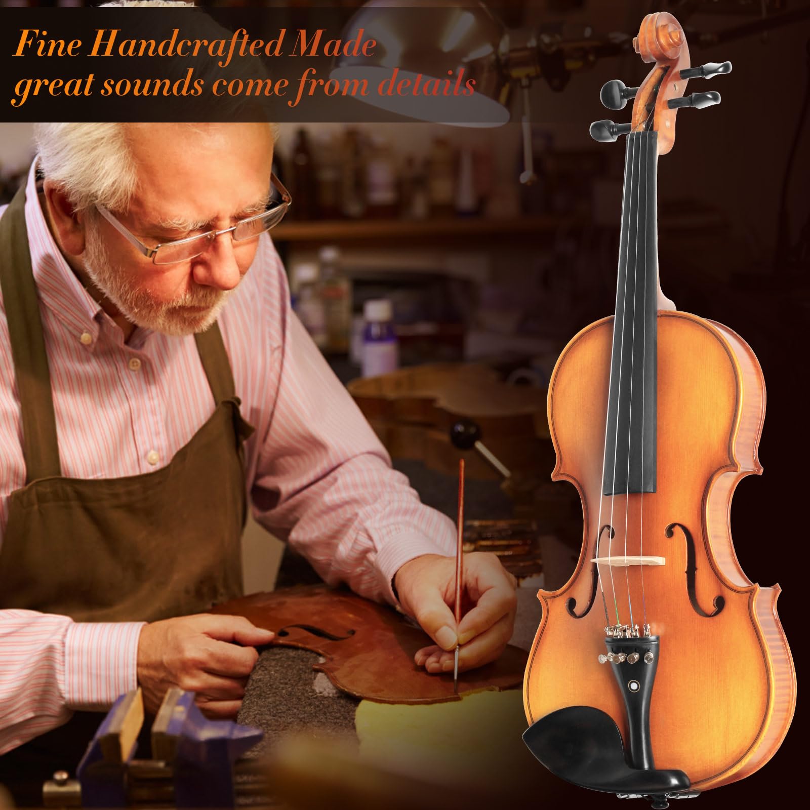 Acoustic Violin 4/4 Full Size, Solid Wood Fiddle for Beginners Adults, Ebony Fitted Satin Antique Finish Violin Starter Kit with Hard Case