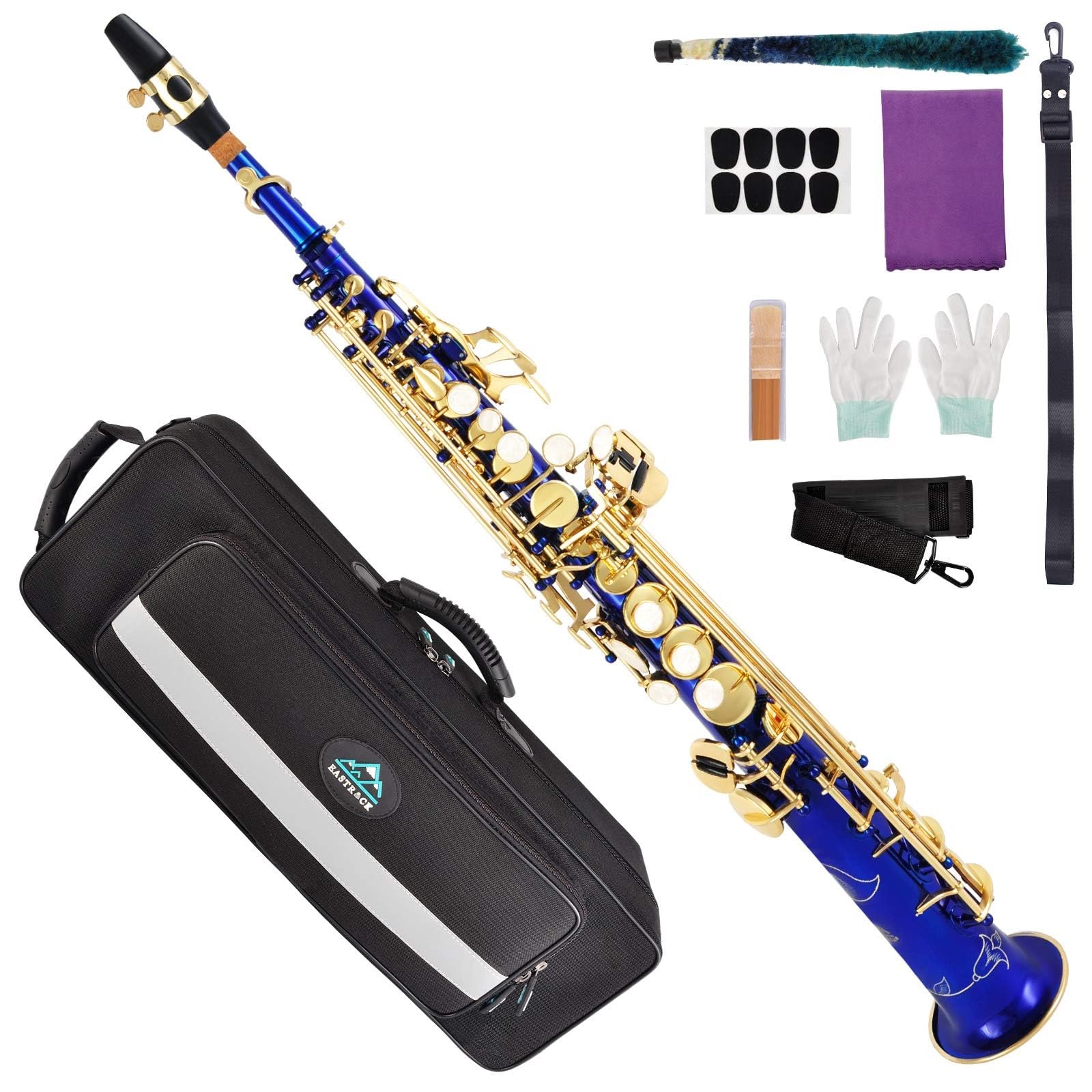 EASTROCK Soprano Saxophone Curved Bb Flat Black Sax Instruments for Beginners Intermediate Players with Carrying Case,Mouthpiece,Pads,Reed,Cleaning kit,neck Strap,White Gloves