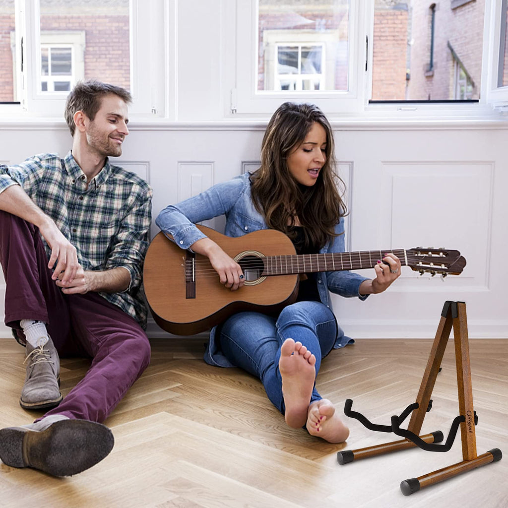 SNIGJAT Wood Guitar Stand, Acoustic Guitar Stand with Padded Foam, Classical Electric Guitar Stand, A-Frame Folding Bass Guitar Display Stand Compatible with Cello, Mandolin, Bass, Banjo, Ukulele