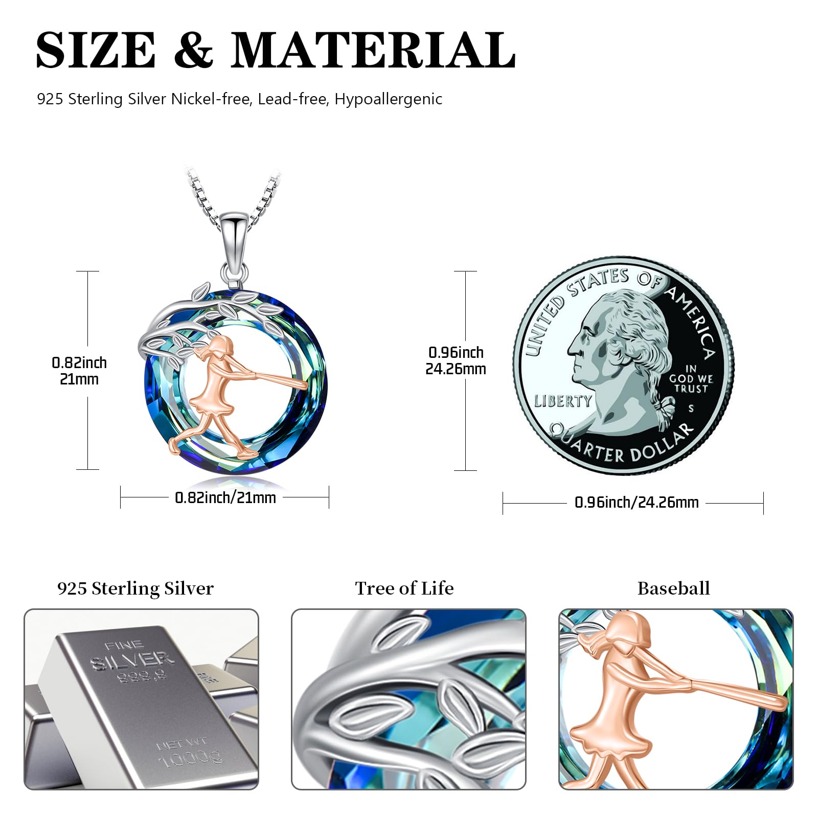 Sport/Music Necklace for Women 925 Sterling Silver Crystal Pendant Tree of Life Jewelry Gifts for Sport Players