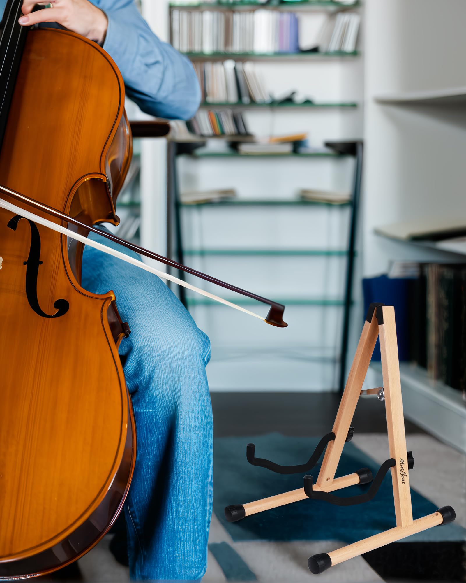 Cello Stand with Bow Holder, Mahogany Wooden A-Shape Floor Stand with Padded Foam, Handcrafted Cello Rack Fits 1/2, 3/4, 7/8, 4/4 Full-Size and Guitar, Instrument Holder for Home and Studio Display