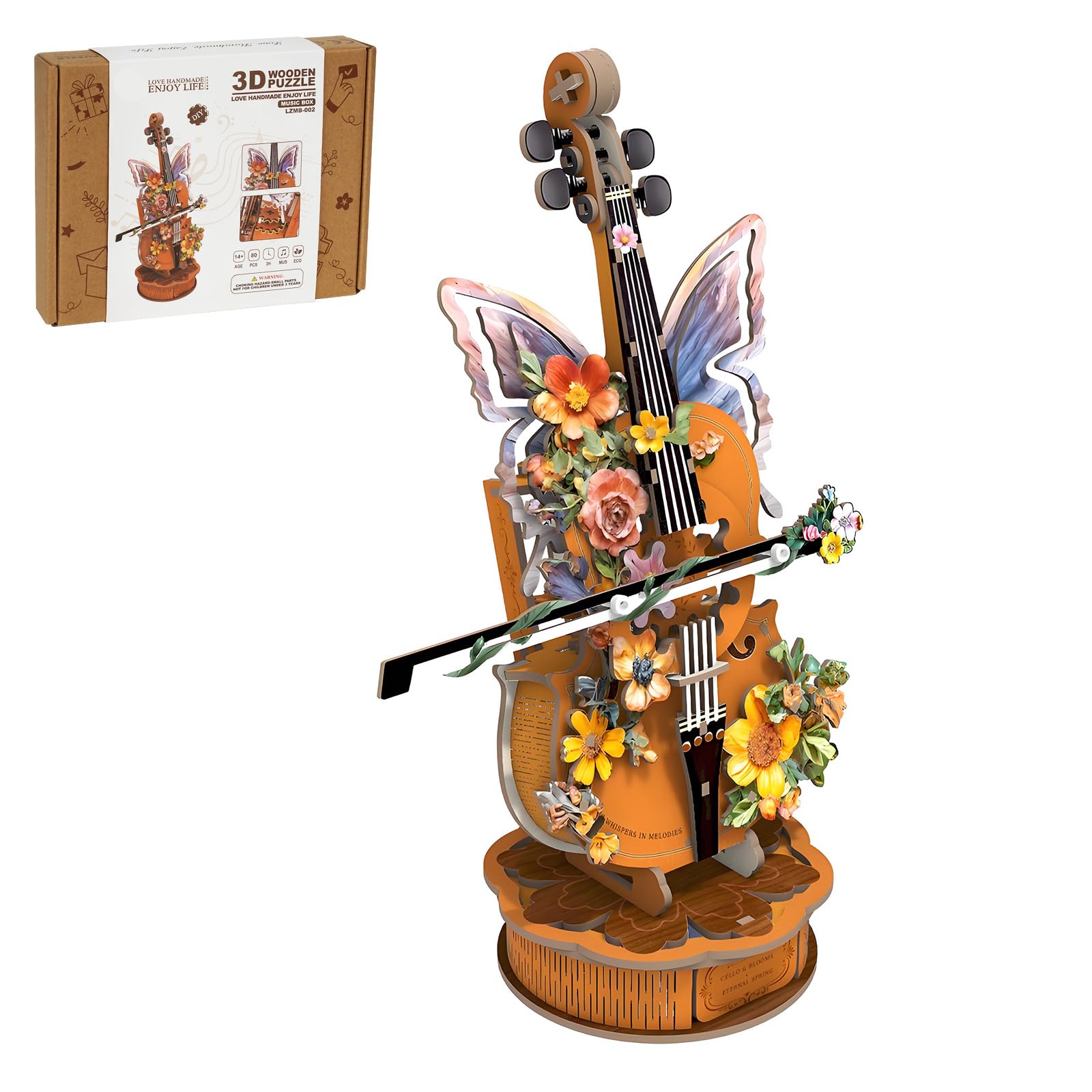 3D Puzzles for Adults, Mechanical Wooden Cello Music Box Puzzles, DIY Flower Music Box Cello Crafts Model Kits Home Decor for Women Holiday Weddings