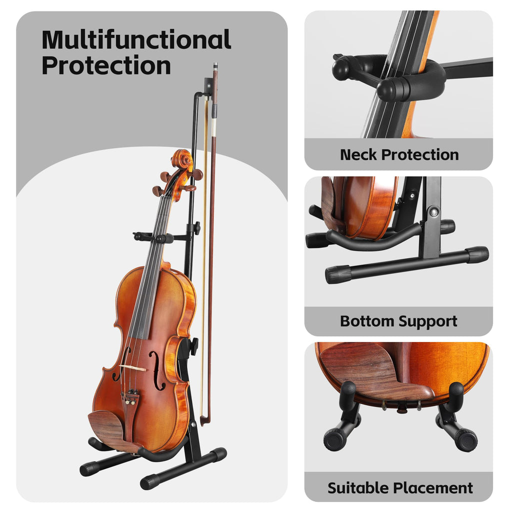 New Upgraded Anti-Tipping Design in Violin Stand with Bow Holder. Adjustable height, non-slip base, and protective head lock. Foldable and portable design for violins, violas, mandolins, and ukuleles.Gray Lockable