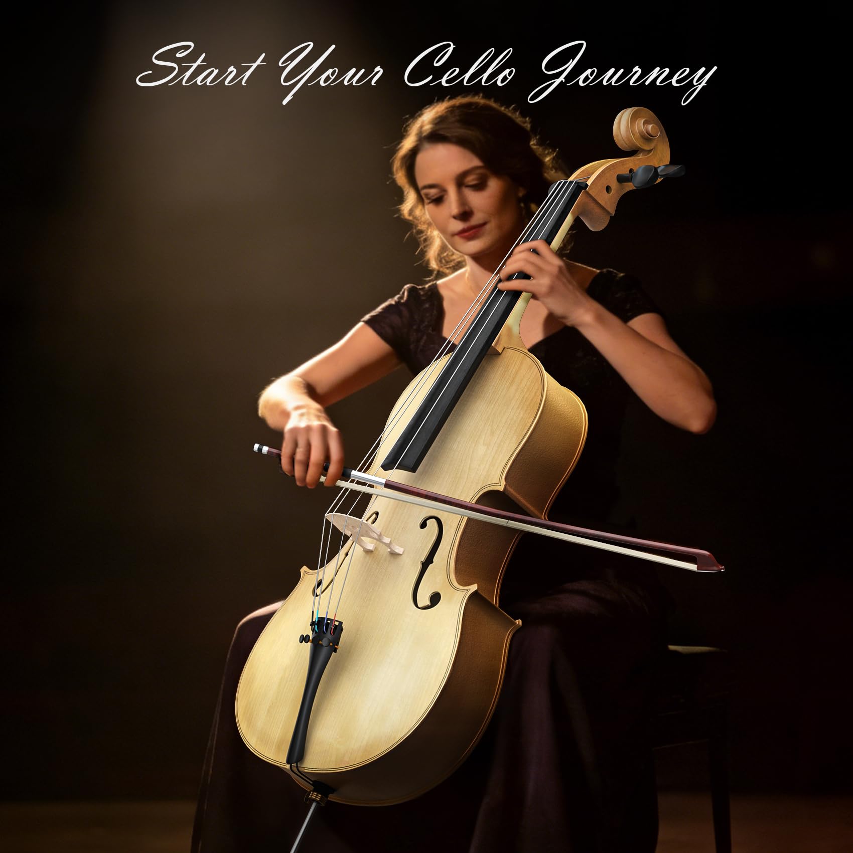 Full Size Cello Kit, Acoustic Cello Instrument for Adults,Beginners,Students,Complete Cello 4/4 Set with Portable Bag, Bow, Rosin (Black)