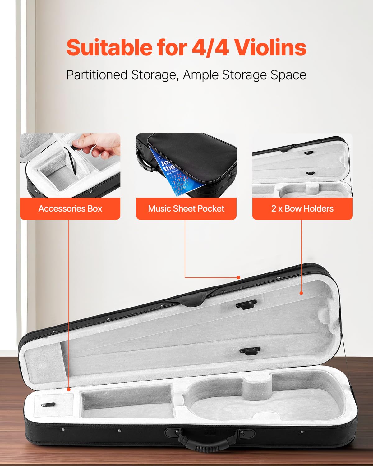 VEVOR 4/4 Full Size Violin Case, Built-in Hygrometer, Lightweight Portable Travel Carrying Bag, with Plush Lining, Dual Shoulder Straps, Anti-Scratch, Professional Triangular Shape, for Violin, Black