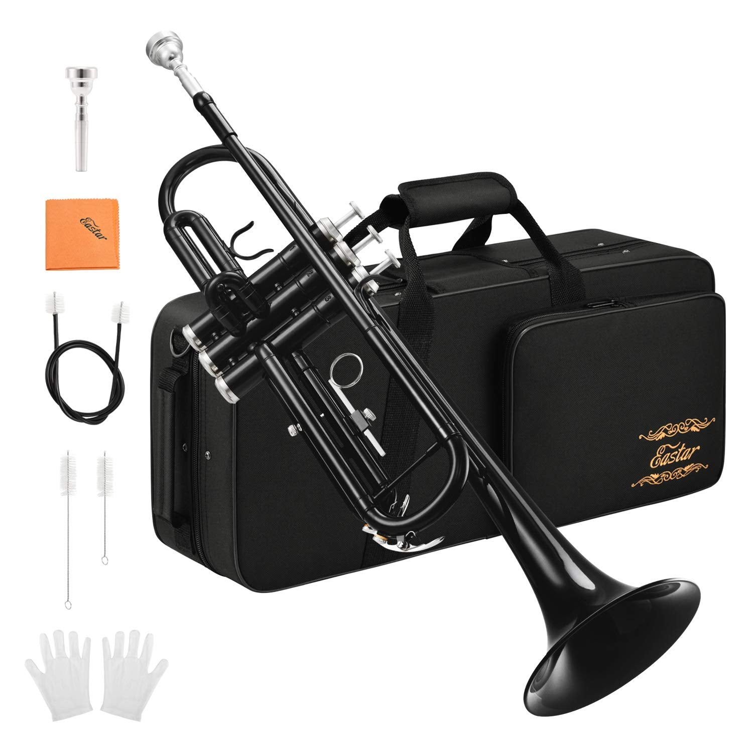 Eastar Bb Standard Trumpet Set for Beginner, Brass Student Trumpet Instrument with Hard Case, Cleaning Kit, 7C Mouthpiece and Gloves, ETR-380N, Silver