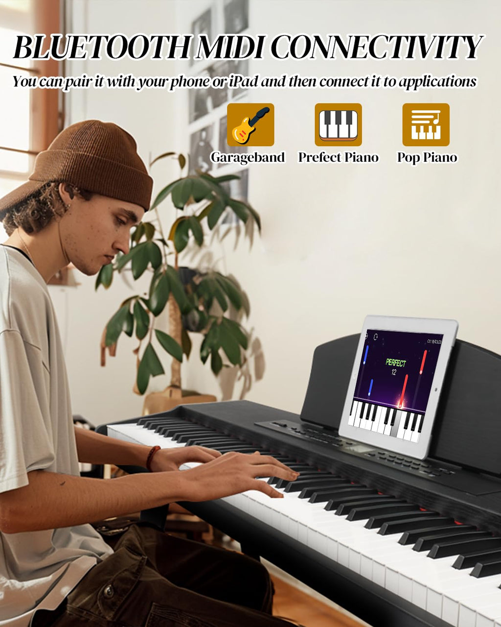 Ktaxon 88 Key Semi Weighted Keyboard with 64 Polyphony, 128 Rhythms, 128 GM Tones & 3 Pedal Unit, Piano Keyboard with Adjustable Bench, Multi-External Interfaces, Bluetooth MIDI for Beginners(Natural)