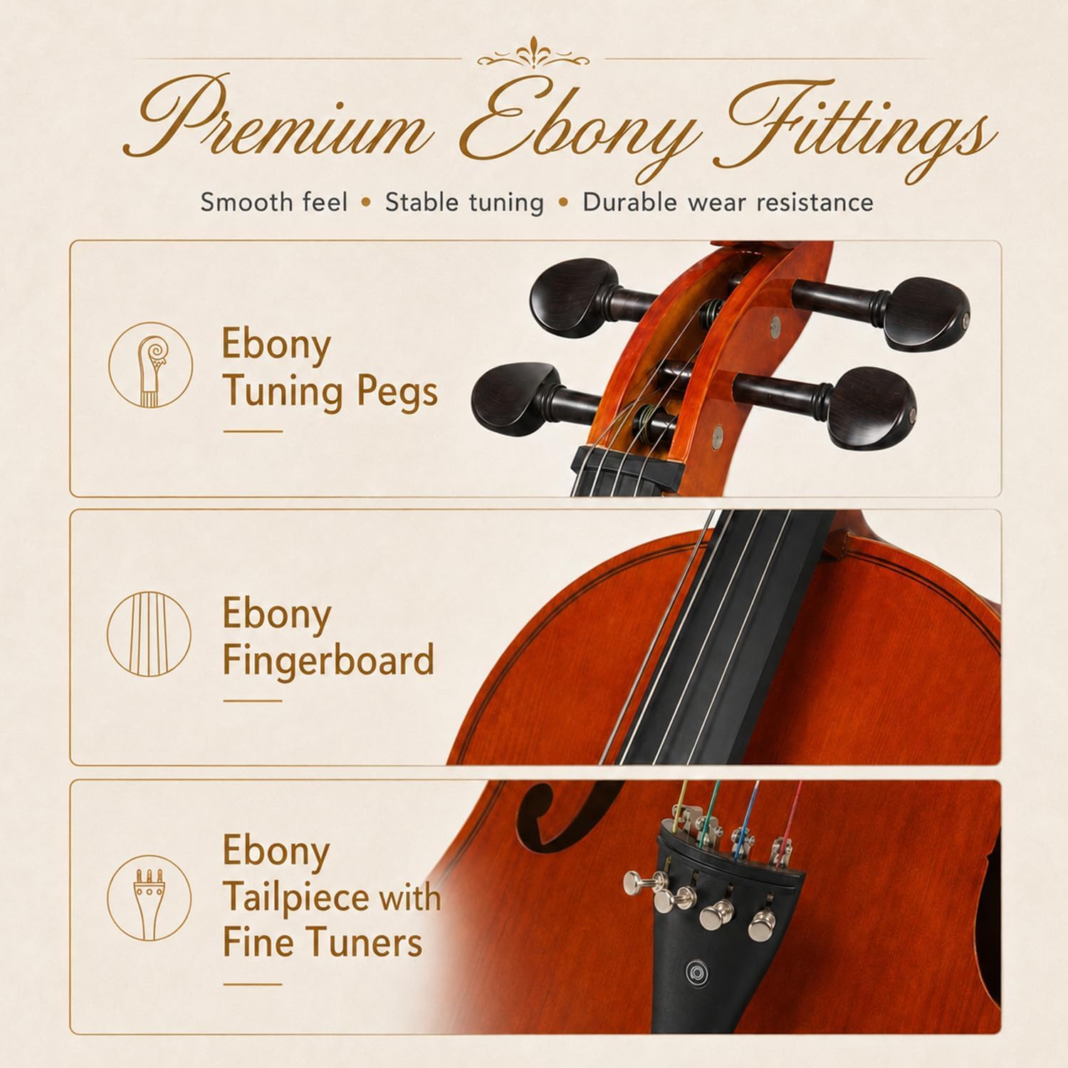 Cello 4/4 Full Size, Beginner Cello Instrument for Adults, Acoustic Cello Set with Padded Bag, Extra Strings, Bridge, Bow & Rosin – for Lessons, Home Practice & School Orchestra, Matte Natural