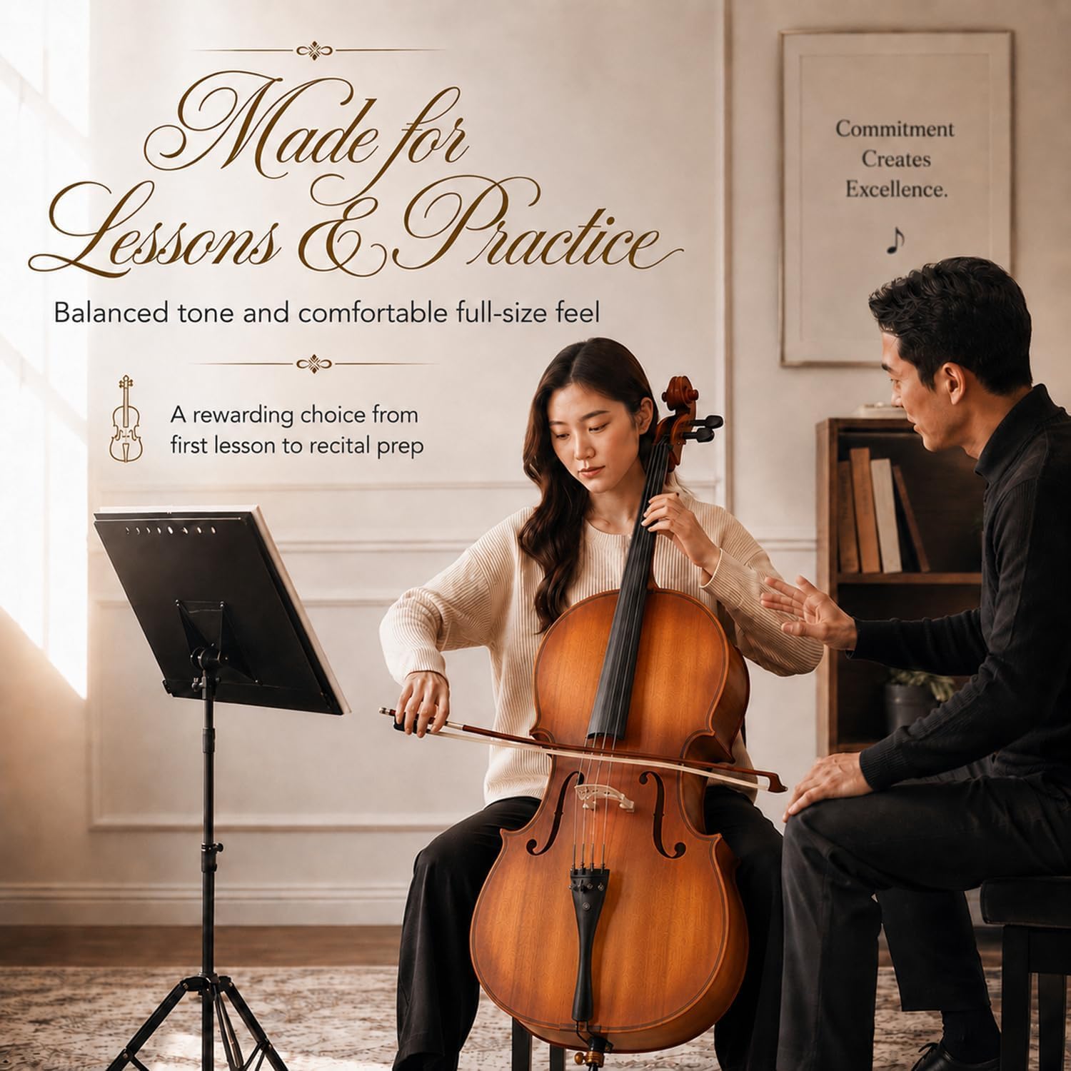 Cello 4/4 Full Size, Beginner Cello Instrument for Adults, Acoustic Cello Set with Padded Bag, Extra Strings, Bridge, Bow & Rosin – for Lessons, Home Practice & School Orchestra, Matte Natural