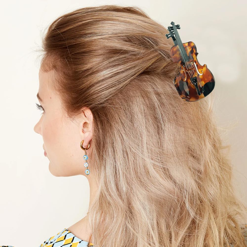 Decorative Violin Hair Clip,Novelty Acetate Claw Clips,Music Instrument Hair Clips for Women(Tortoiseshell Brown)