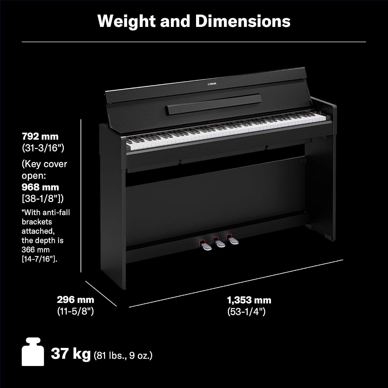 Yamaha Arius Compact Upright Digital Piano Keyboard For Apartments and Small Spaces, 88-Key Weighted Graded Hammer Action, Touch Response, Grand Piano Sound, 3-Pedal Unit in Black YDPS36B