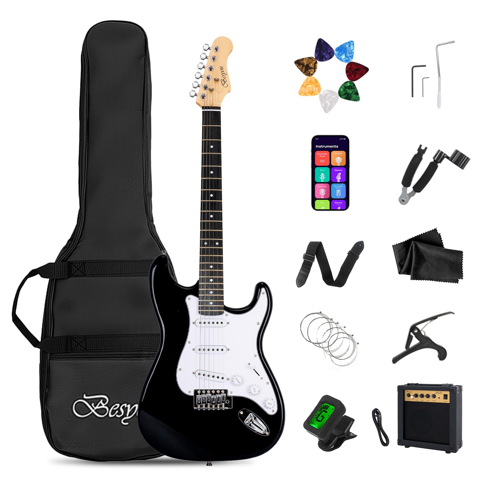 39 Inches Full Size Electric Guitar Beginner Electric Guitar Kits with 10W Amp Classic SSS Pickup Complete with Gig Bag Tuner Capo Strap Picks Guitar String Winders Black