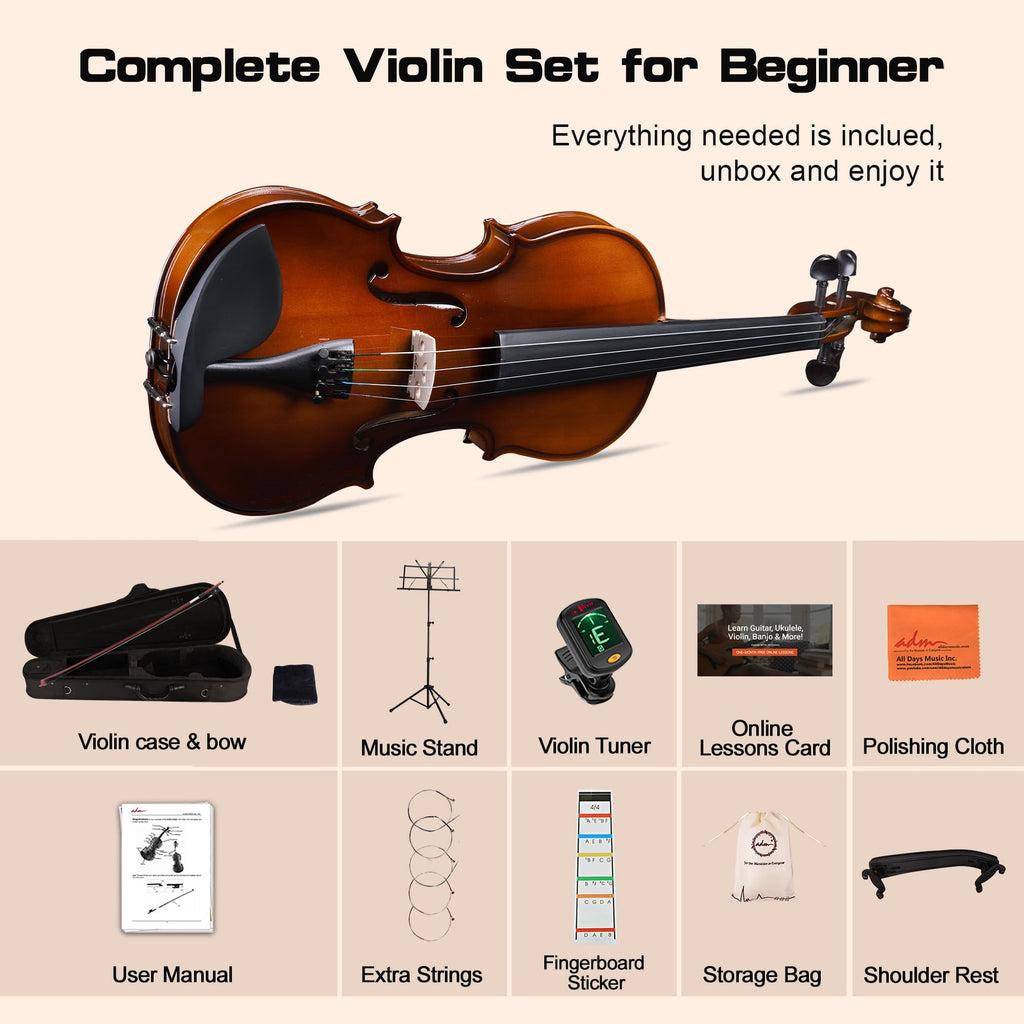 ADM Acoustic Violin for Beginner 4/4 Full Size Violin Set Solid Wood Ebony for Adult Teen Student Starter Kit with Hard Case, Shoulder Rest, Bow, Music Stand, Strings, Free Lessons (Sepia, 4/4 Size)