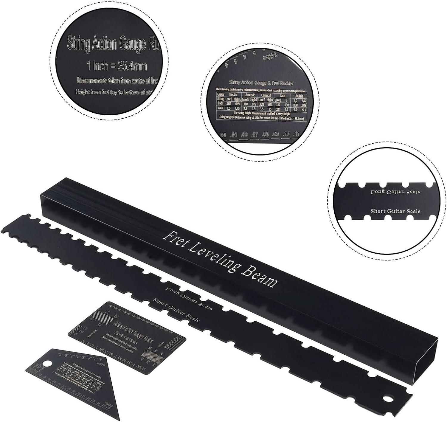 4 Pieces Luthier Tools Guitar Neck Notched Straight Edge String Action Gauge Ruler Fret Rocker for Guitar and Bass Setup Tool Set Stainless Steel