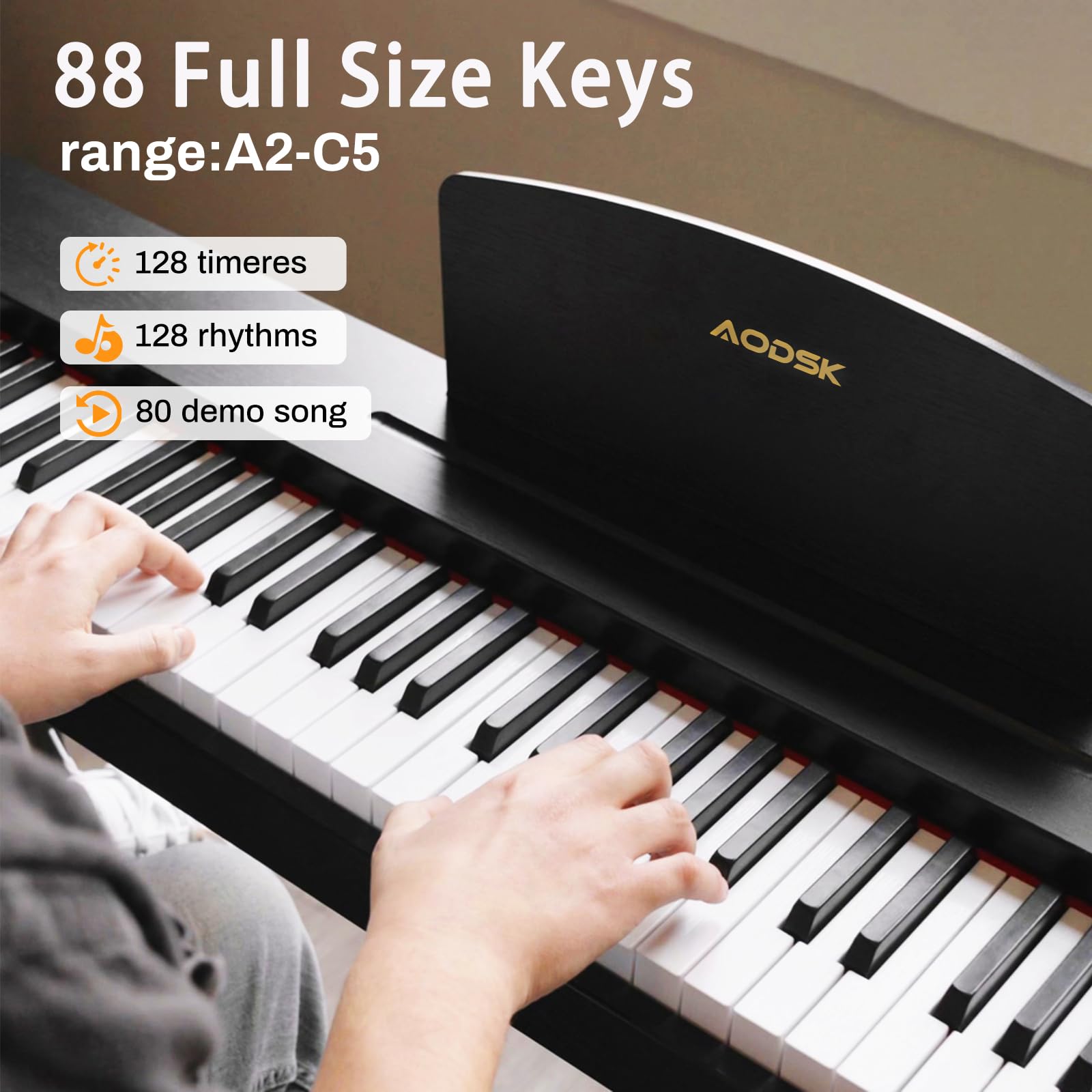 AODSK Digital Piano 88 Key Full Size Weighted Keyboard Overall Solid Wood Frame for Beginners with Sheet Music Stand Triple Pedal Power Adapter