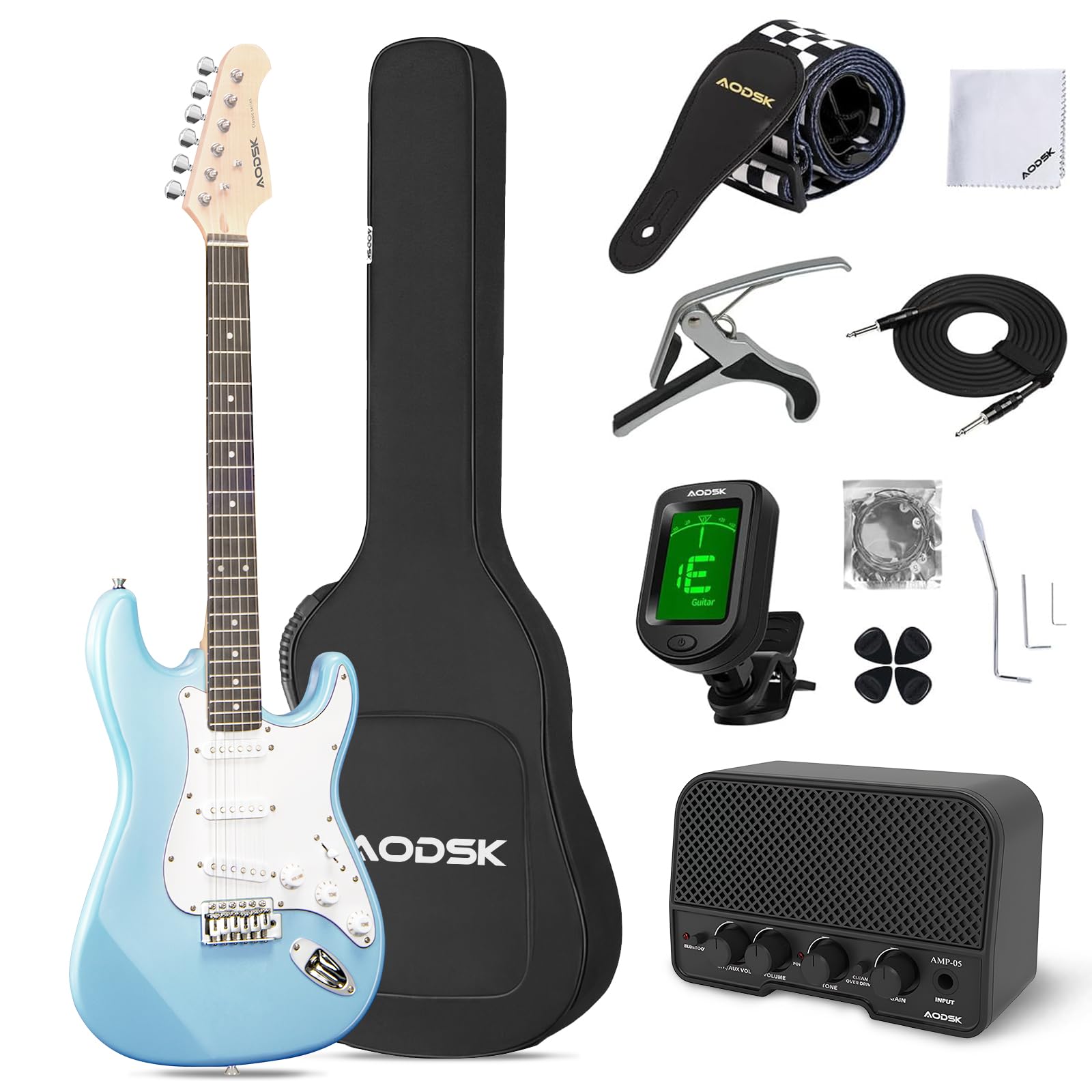 AODSK Electric Guitar with Amp Beginner Kit 39 Inch Solid Body Full Size,All Accessories,Digital Tuner,Six Strings,Four Picks,Tremolo Bar,Strap,Gig Bag,Starter kit (Blue-HSS)