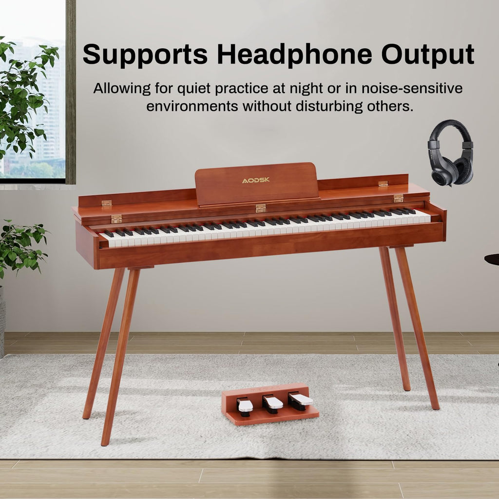 AODSK Digital Piano 88 Key Full Size Weighted Keyboard Overall Solid Wood Frame for Beginners with Sheet Music Stand Triple Pedal Power Adapter