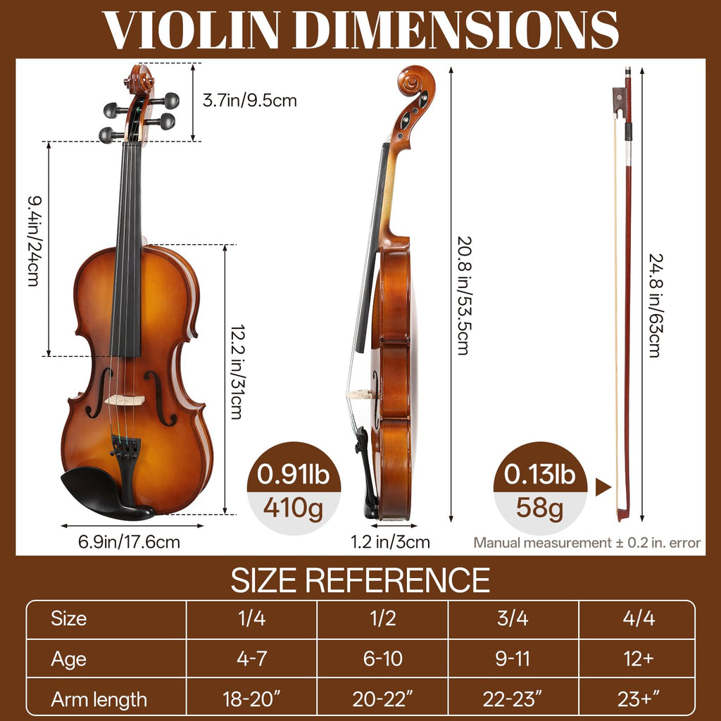 Kmise Violin 4/4 Full Set, Fingerboard Fret Markings Violins, Matte Acoustic Fiddle for Adults, Beginners, Students with Violin Case, Rosin, Strings, Bow, Shoulder Rest, Beginner's Guide (Matte, 4/4)