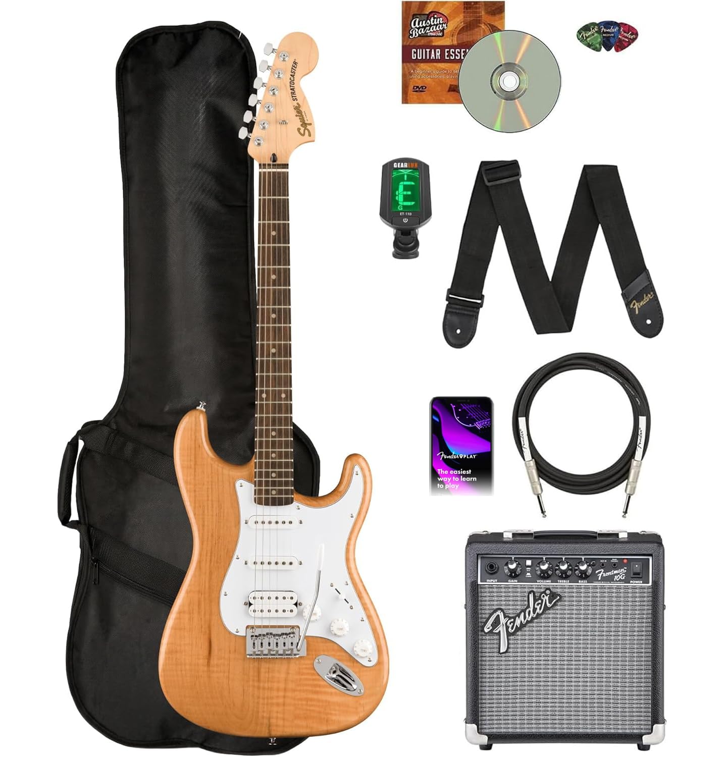 Fender Squier Affinity Stratocaster FMT HSS - Sienna Sunburst Bundle with Frontman 10G Amplifier, Gig Bag, Tuner, Instrument Cable, Strap, Picks, and Austin Bazaar Instructional DVD