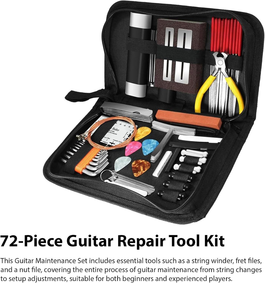 72Pcs Guitar Repair Tool Kit Maintenance Set with Strings & Tools | Complete guitar setup and maintenance kit with repair tools, strings, picks and storage case for players and technicians