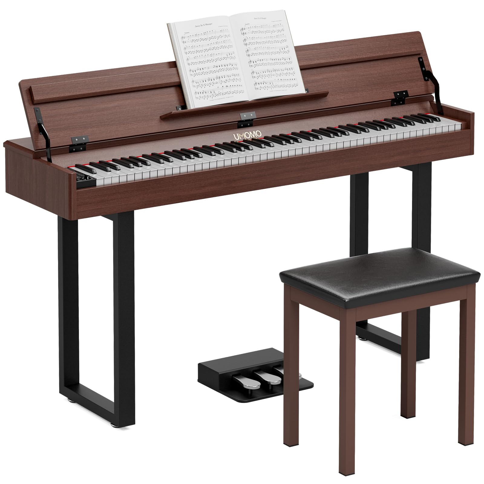 UMOMO 88 Key Weighted Digital Piano with Progressive Hammer Action, Metal Stand & Single Bench, Triple Pedals, USB MIDI, 128 Tones/Rhythms – Full Size Electric Keyboard for Beginners