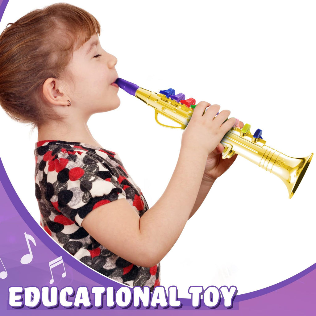 Lewtemi Gold Trumpet Musical Instruments Toy for Kid Toddler Fake Plastic Preschool Music Toy Gift Non-Professional Wind Instrument Early Educational Teaching Songs Gifts for Toddlers Children