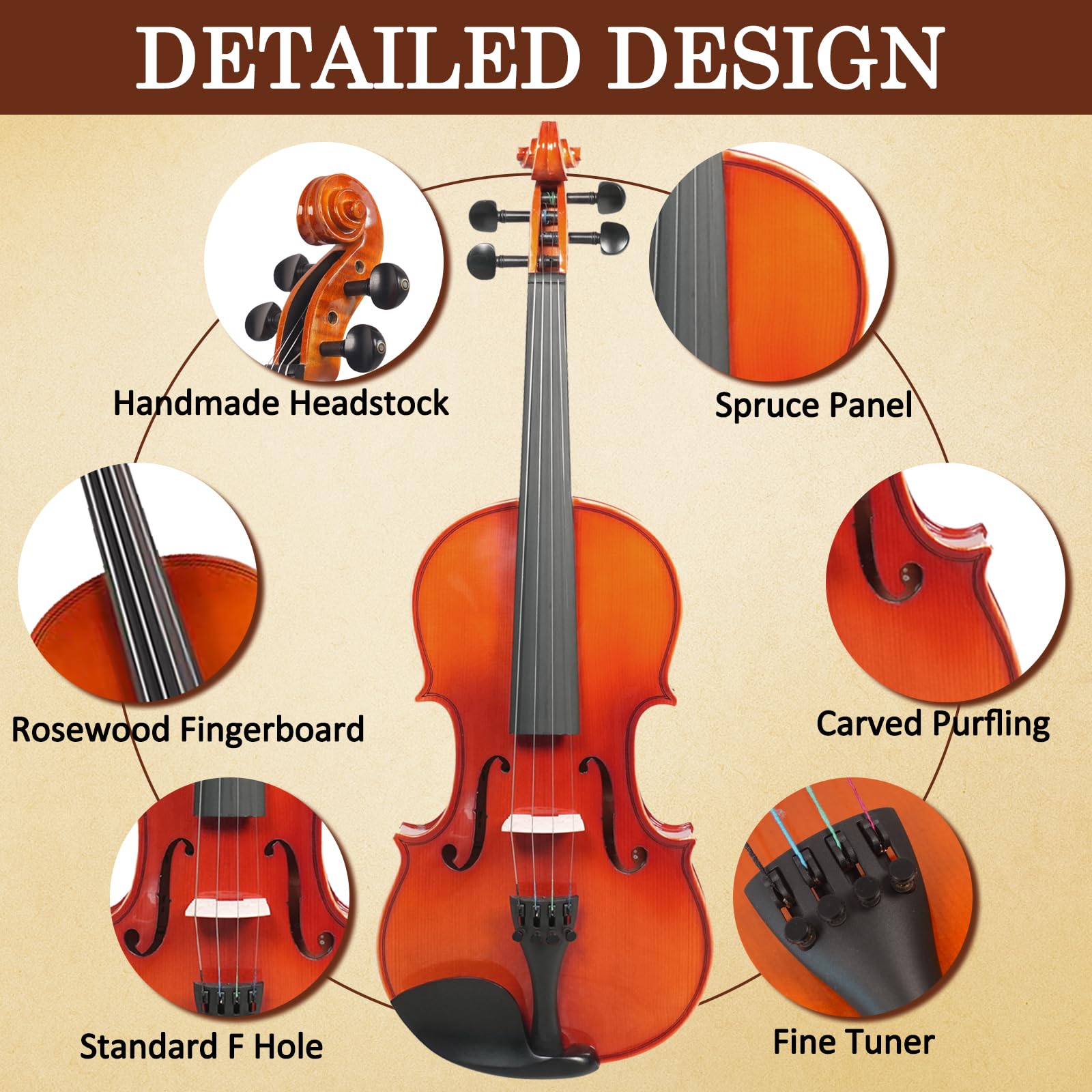 FINO 4/4 Violin Full Size Kit for Beginners (Plywood, Full) (Natural)