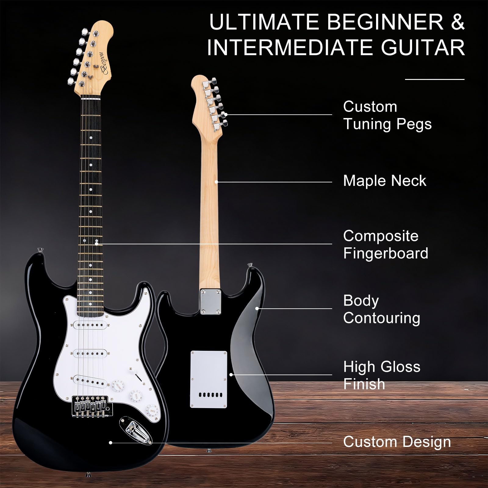 39 Inches Full Size Electric Guitar Beginner Electric Guitar Kits with 10W Amp Classic SSS Pickup Complete with Gig Bag Tuner Capo Strap Picks Guitar String Winders Black