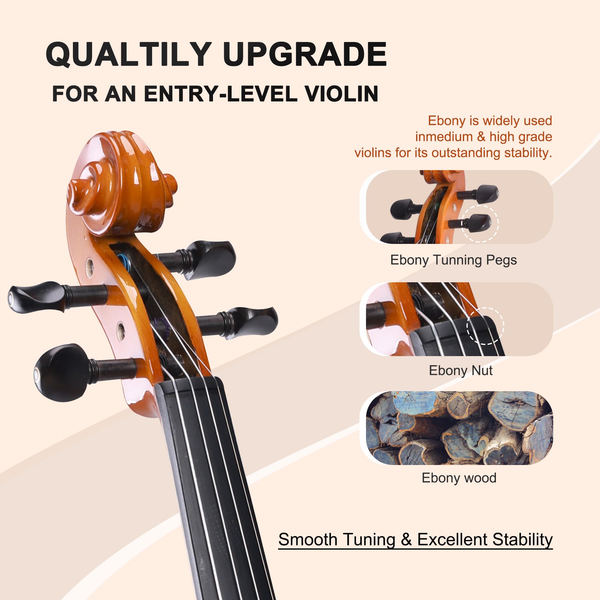 ADM Acoustic Violin for Beginner 4/4 Full Size Violin Set Solid Wood Ebony for Adult Teen Student Starter Kit with Hard Case, Shoulder Rest, Bow, Music Stand, Strings, Free Lessons (Sepia, 4/4 Size)