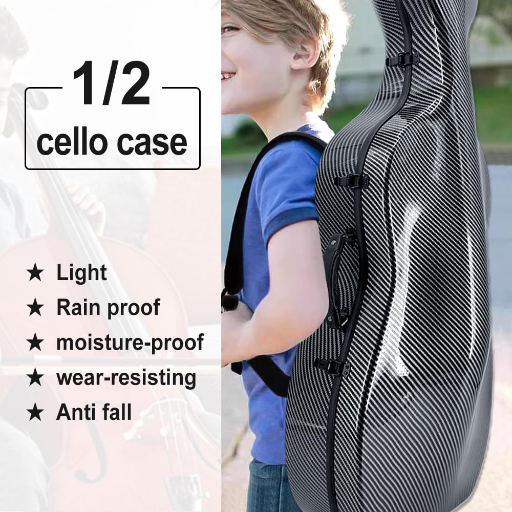 Cello Case 1/2 size With Wheels Carbon Fiber Lightweight Durable Hard Shell Travel Case,Waterproof with Carry Straps Gift for Birthday/Christmas (white)