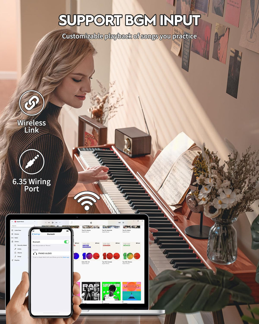 STRICH Digital Piano 88 Keys, Hammer-Action Weighted Keyboard, Full size Electric Piano Keyboard with Stand, 25Wx2 Speakers, Supports USB-MIDI/Wireless Connecting SDP-300S (Color Mahogany)