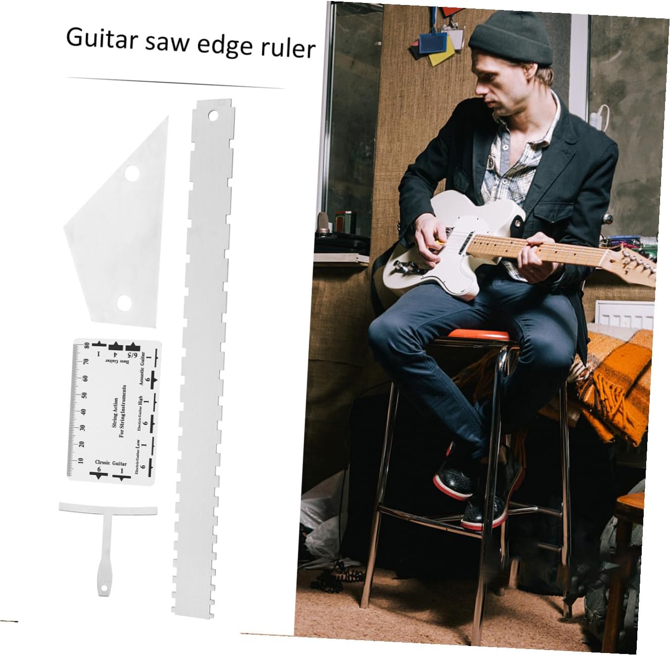 Generic 12pcs Guitar Luthier Tool Kit String Action Ruler Notched Radius Gauge Fret Rocker Height Measuring Tools for Electric Guitars Basses Compact Portable Design
