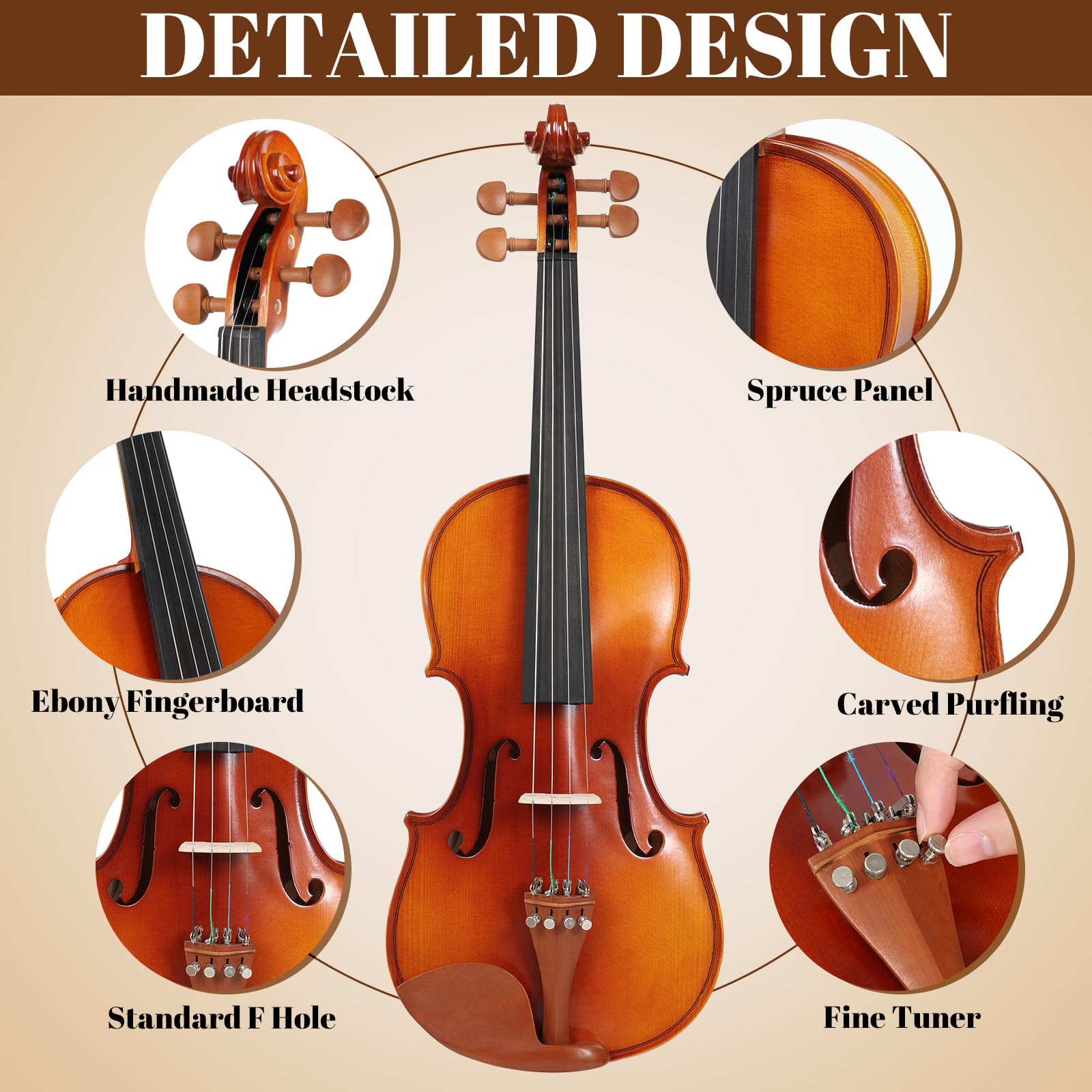 Kmise Violin 4/4 Full Set, Fingerboard Fret Markings Violins, Matte Acoustic Fiddle for Adults, Beginners, Students with Violin Case, Rosin, Strings, Bow, Shoulder Rest, Beginner's Guide (Matte, 4/4)