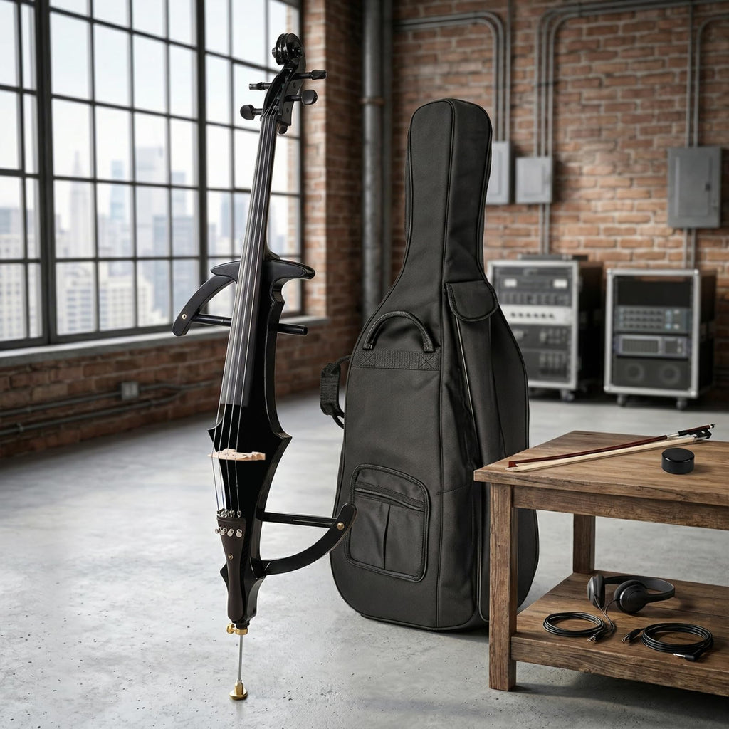 Electric Cello 4/4 Full Size Ebony Fittings with Lightweight Cello Bag, Headphones, Bow, Bridge, Rosin, Cello for Beginners Adults(Metallic Black) (Metallic Red Peach Heart -Cellos)