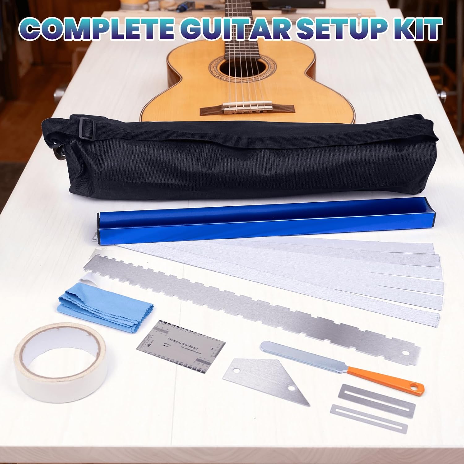 Complete Fret Leveling Kit with 18" Beam, Notched Ruler, Sandpaper (120–1000 Grit), Fret Rocker, Crowning File & Guitar Setup Tools – Guitar & Bass Maintenance Kit