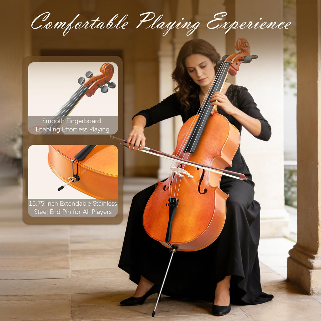Cello 4/4 Kit, Full Size Cello for Adults, Students, Beginners, Complete Acoustic Cello Instrument Set with Portable Bag, Bow, Rosin, Black