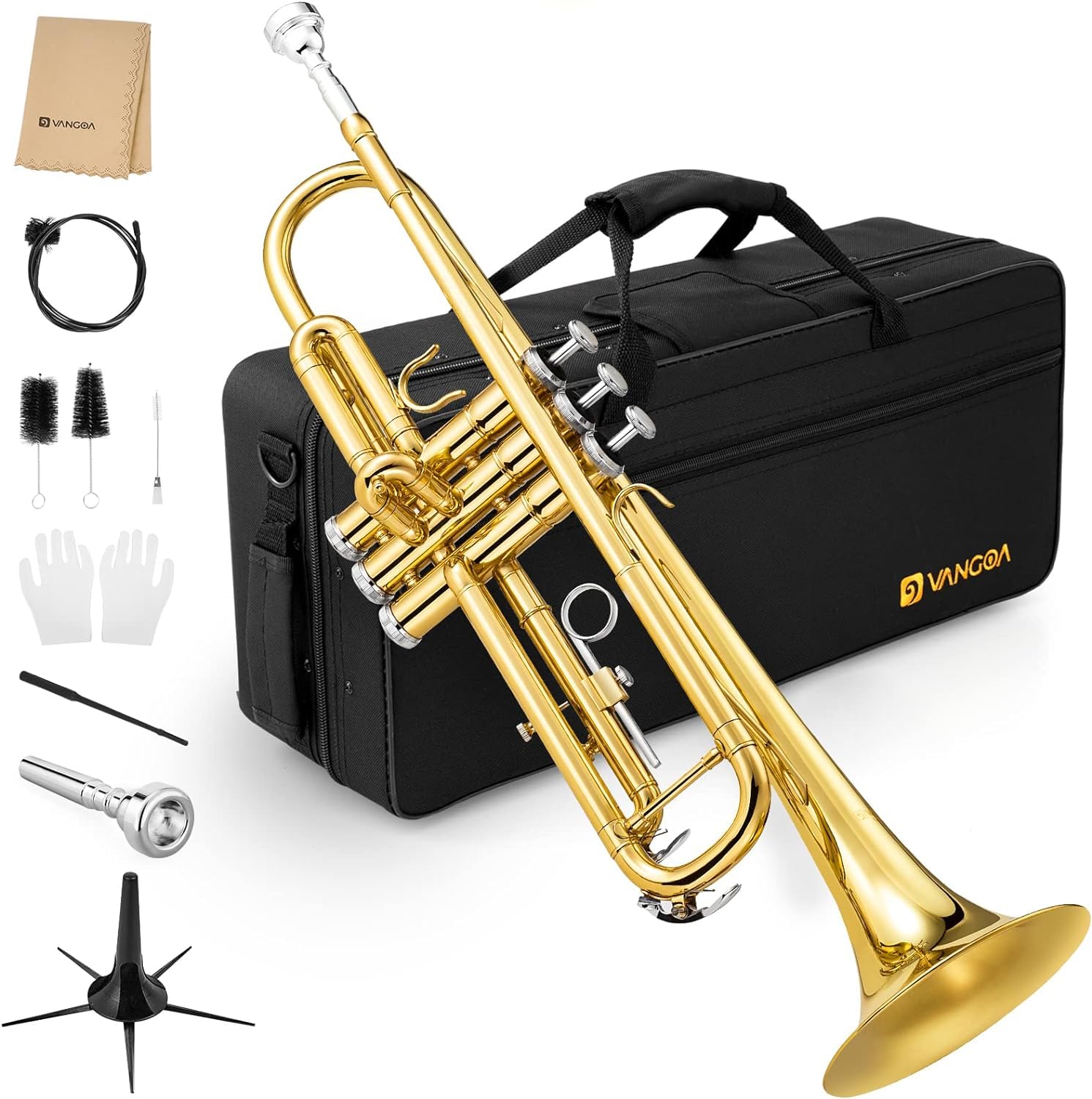 Vangoa Bb Trumpet Brass Standard Black Trumpet Instrument for Student School Band Orchestra Adult Kid Beginner with Hard Case, Stand, Cleaning Kit, White Gloves, Valve Oil and 7C Mouthpiece