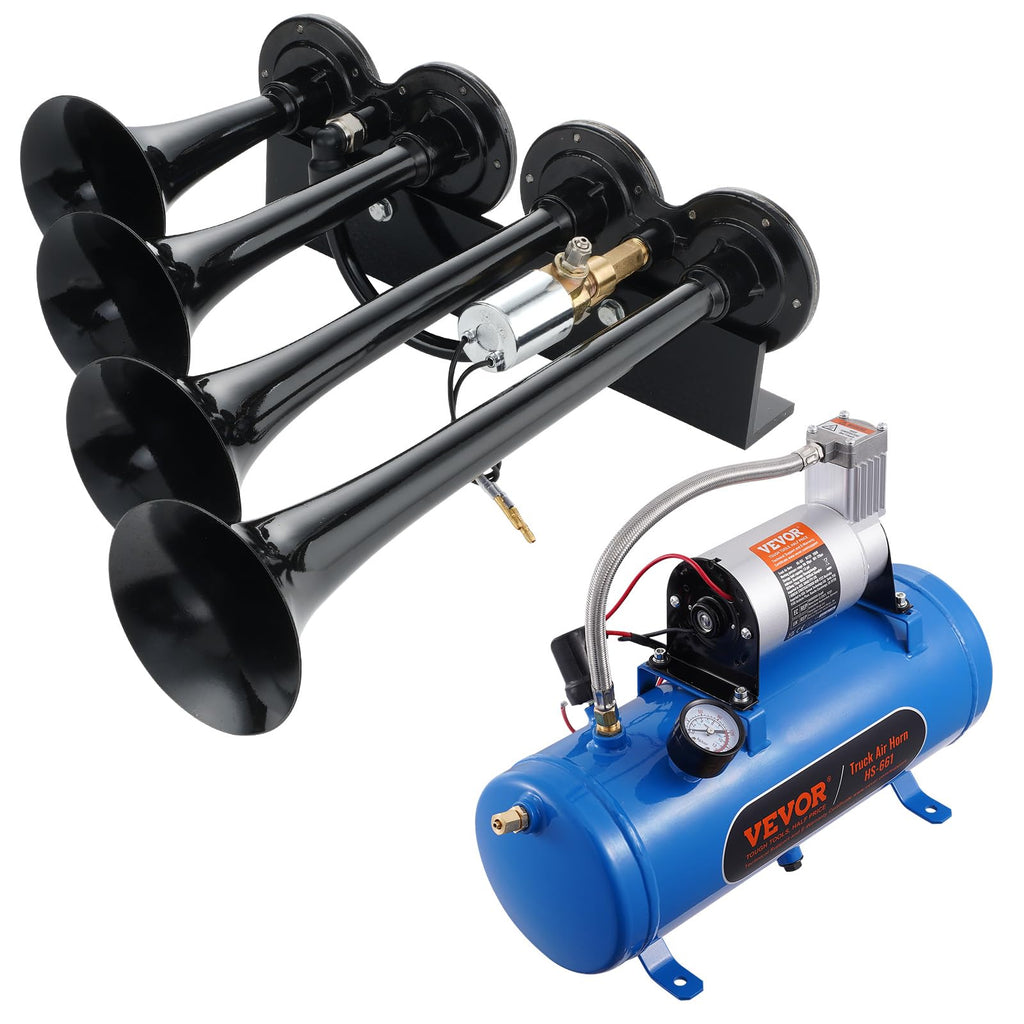 VEVOR 4 Trumpet Air Horn Kit, 150dB Train Horns for Pickup Trucks, 12V 120 psi Air Compressor 0.8 Gal/3 L Tank with Gauge for Any 12V Vehicle Car Truck Train Van Boat
