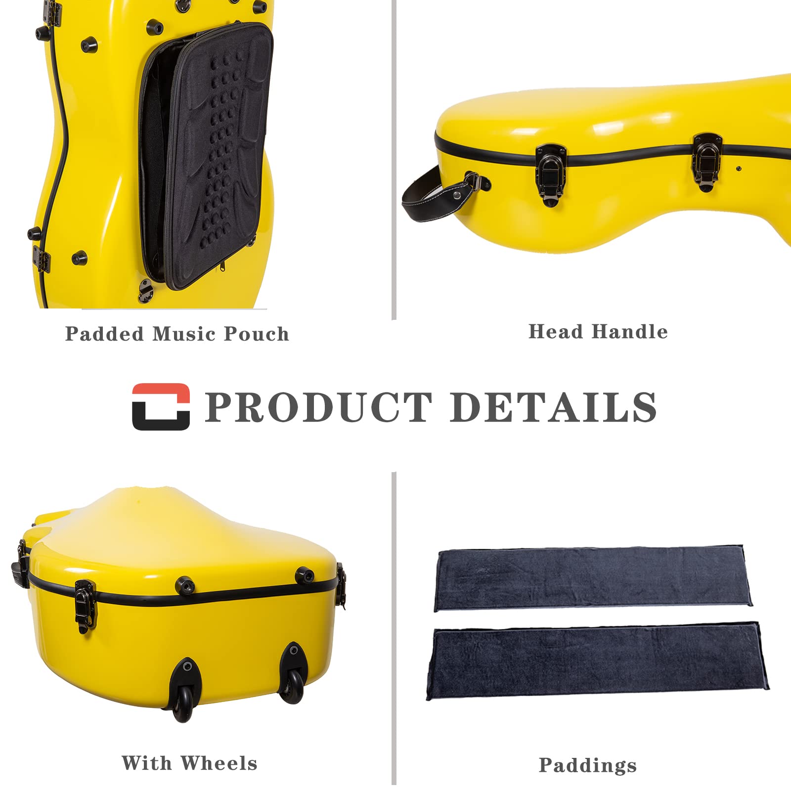 Crossrock Fiberglass Cello 4/4 Full Size Hardshell Case with Wheels in Yellow