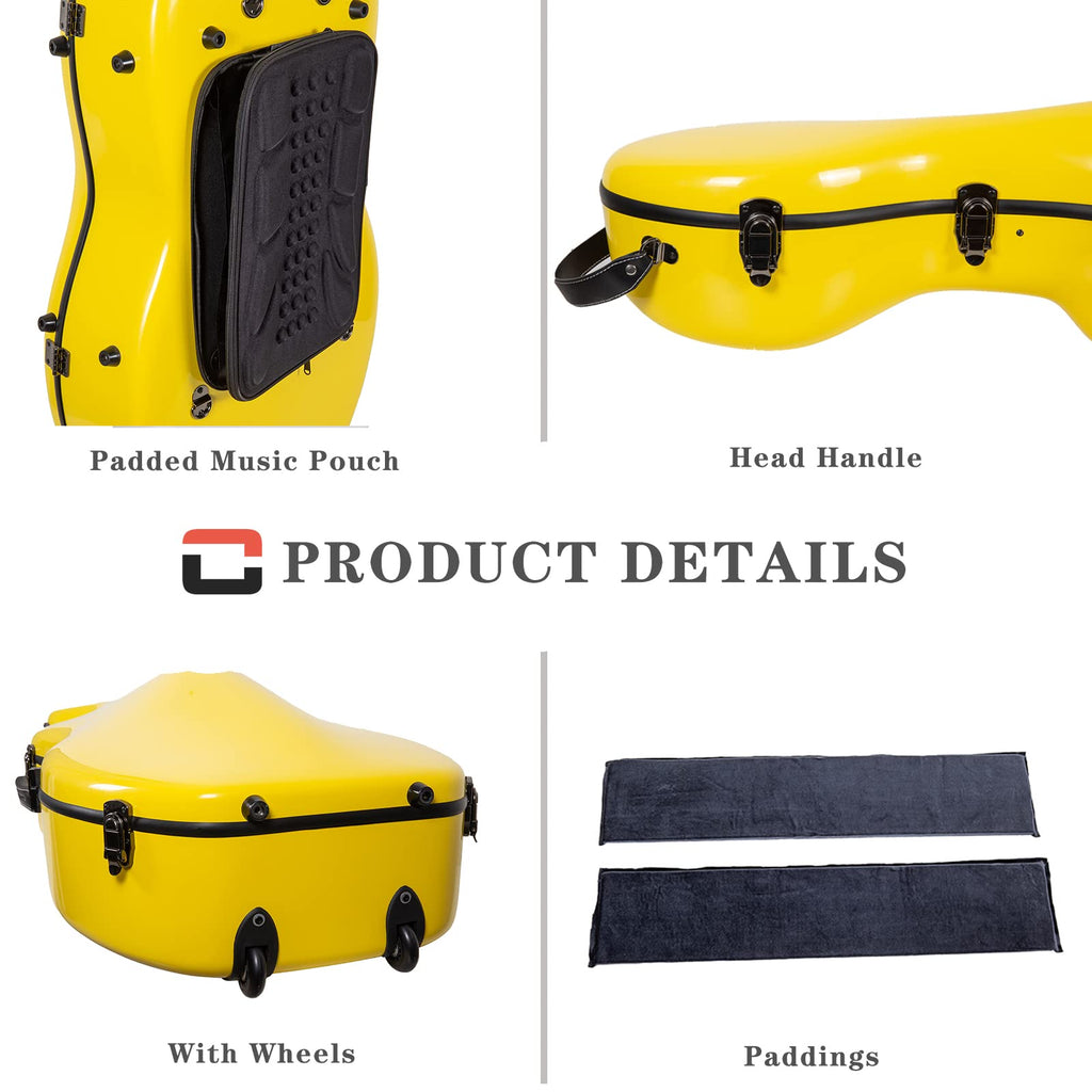 Crossrock Fiberglass 4/4 Cello Case with Wheels for Full Size Cello | Bright Yellow Finish, Velvet Interior, Waterproof Latches, Backpack Straps – Hardshell Protection- (CRF1020CEFYL)