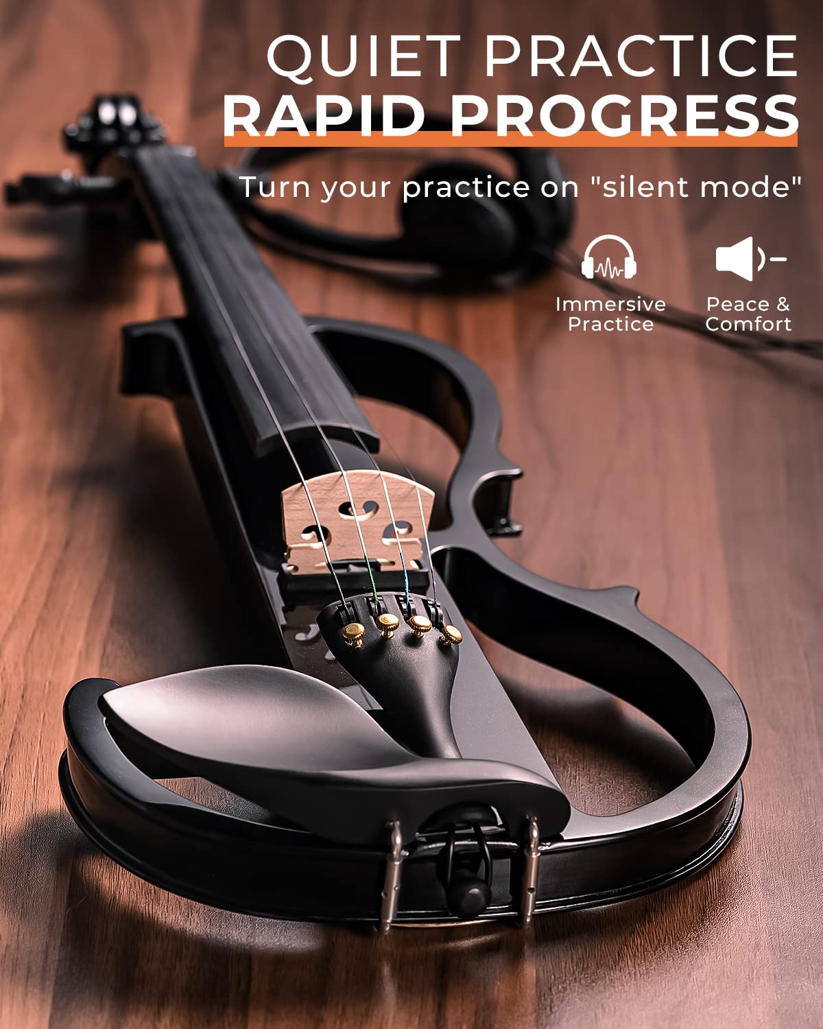 Vangoa Electric Violin Full Size 4/4, Black Silent Electric Violin, Solid Wood Metallic Electric Fiddle with Ebony Fittings, Beginner Kit for Adults Teens