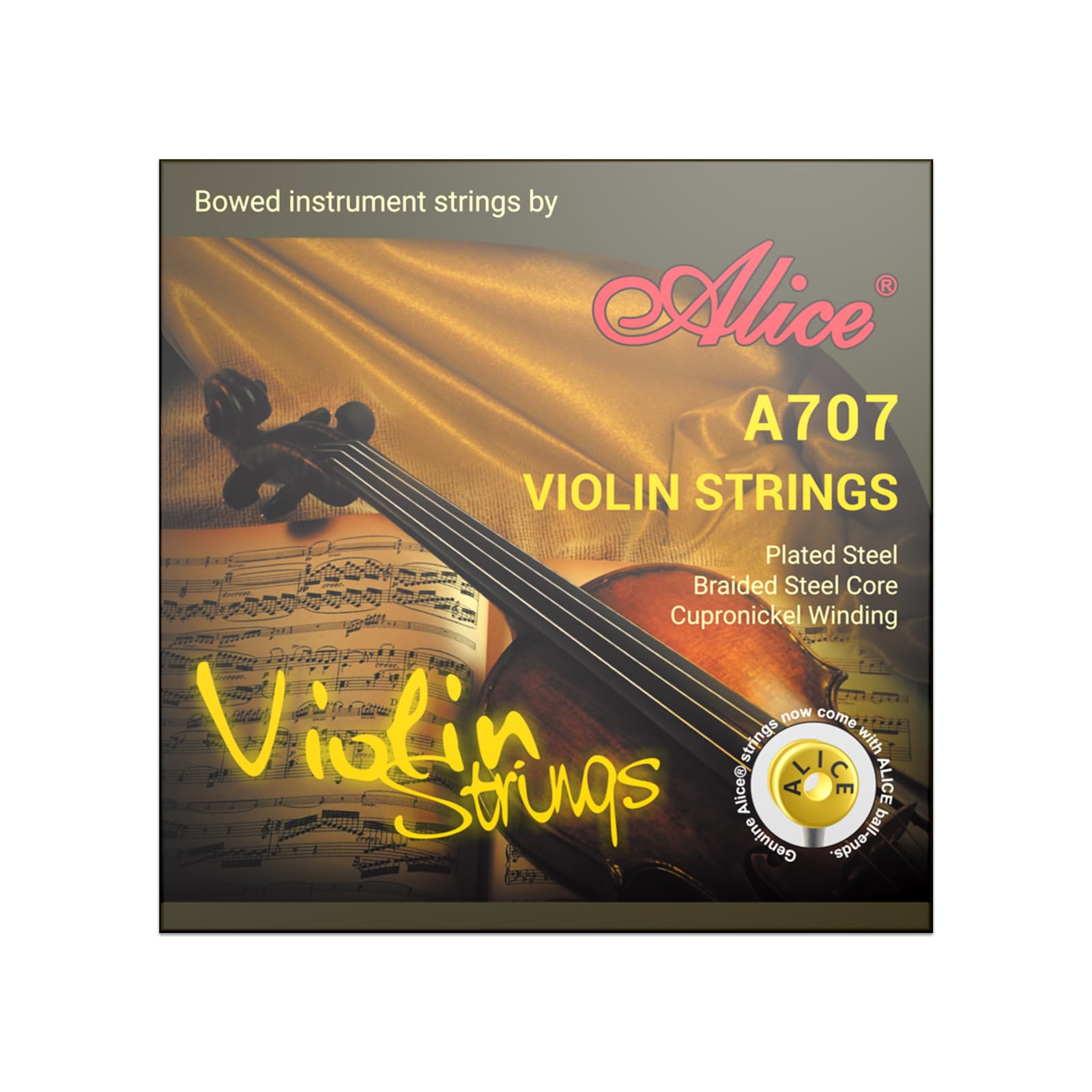 Violin Strings, Alice 4/4 Violin Strings Full Set Nylon Core Al-Mg & Ni-Fe Winding with Ball End, 1 Set