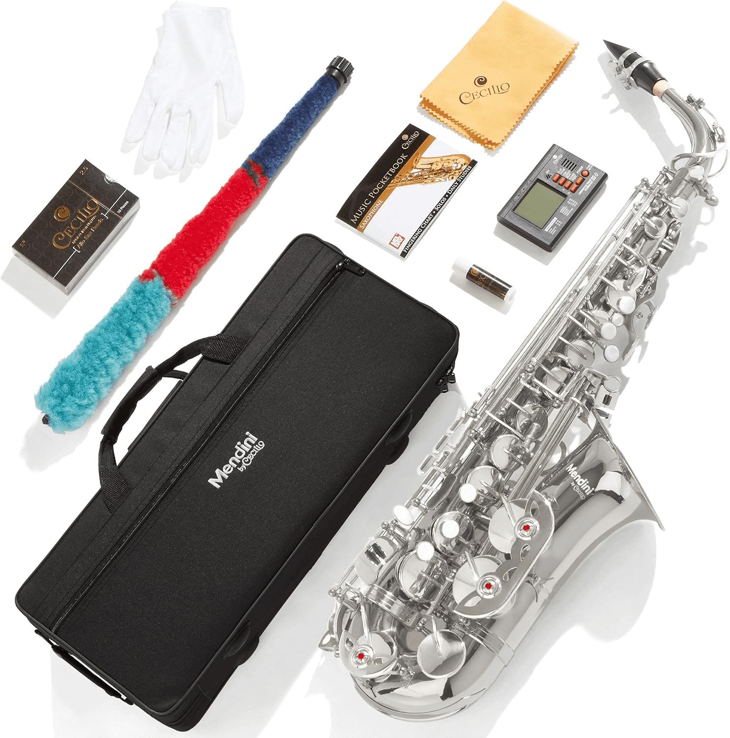 Mendini By Cecilio Alto Saxophone for Beginners, E Flat Alto Saxophone for Musicians with Tuner, Mouthpiece, Case, 10 Reeds, Grease, Cleaning Cloth & Rod, Gloves, Strap, Lesson Book (Green)