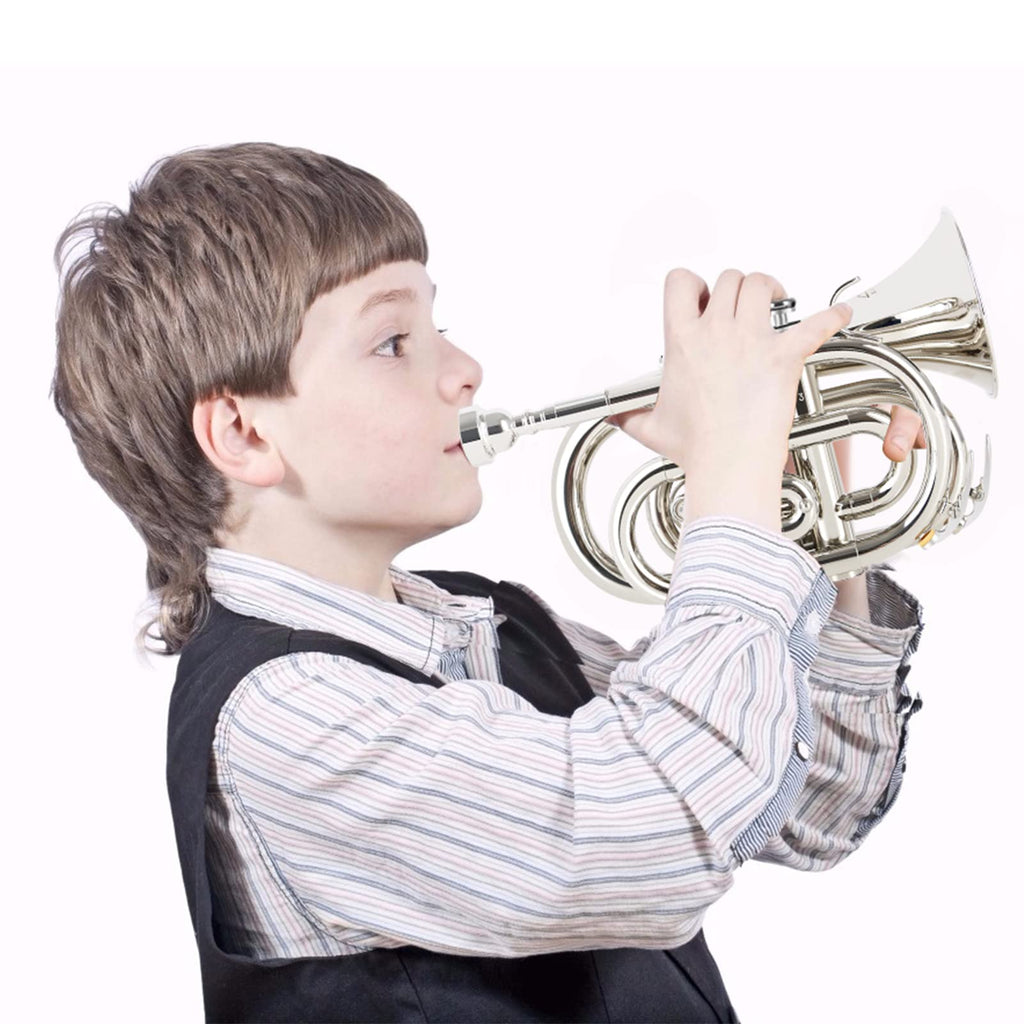 EastRock Pocket Trumpet Brass Bb Nickel Plated Trumpet with 7 C Mouthpiece, Hard Case, Strap, White Gloves, Cleaning Kit for Students and Beginners